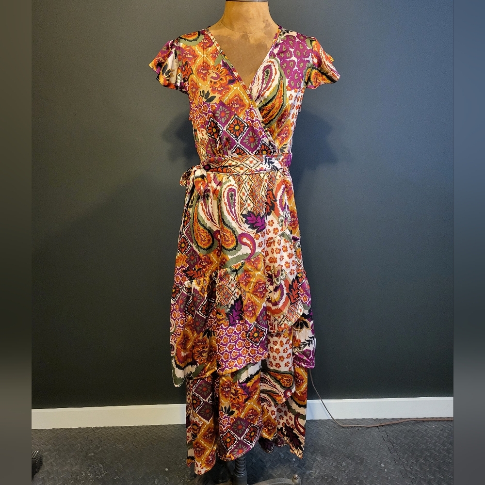Paisley Cap Sleeve Faux Wrap Dress size S